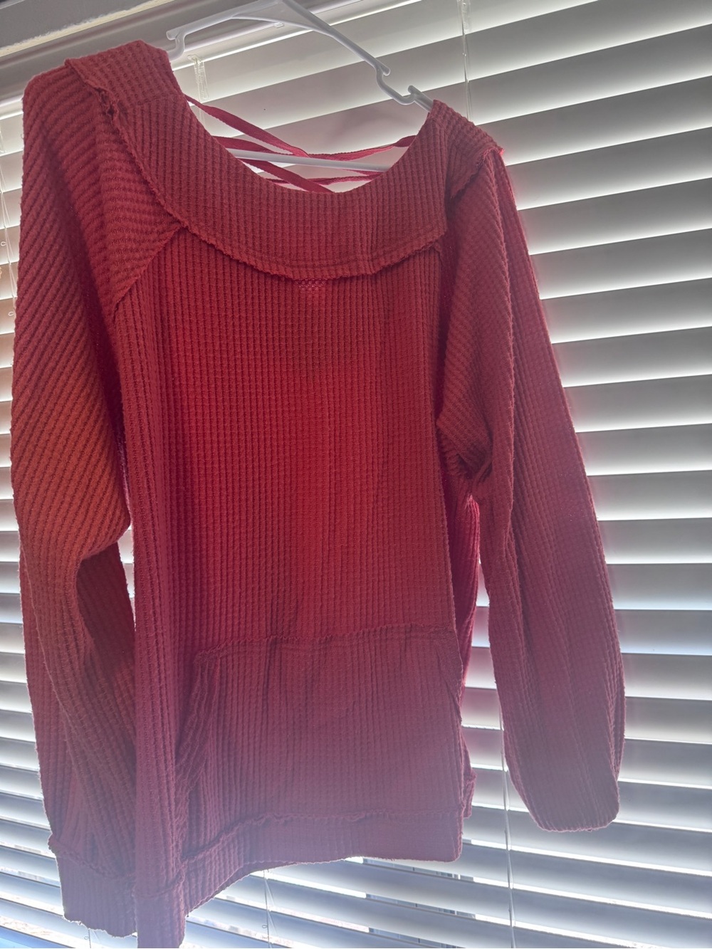 BKE Coral Off-Shoulder Waffle Knit Sweater with Crisscross Back